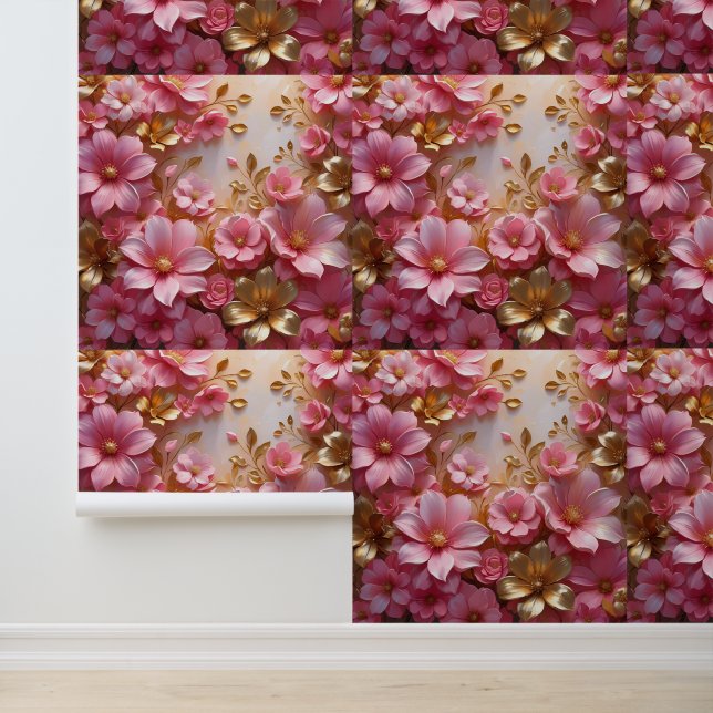 Glamorous Pink Gold Flower Peel and Stick Wallpaper (Application)