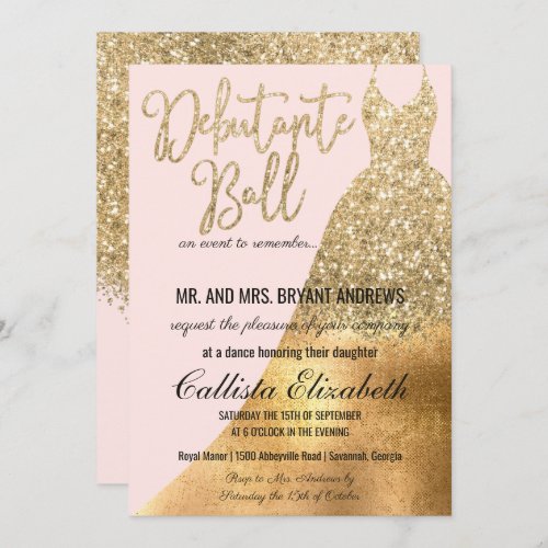 Glamorous Pink Gold Glitter Dress Debutante Dance Invitation