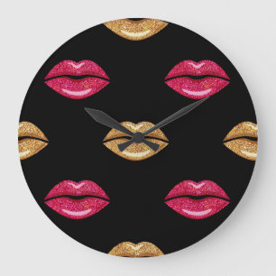 Glamorous Pink Gold: Shimmering Lipstick Pattern Large Clock