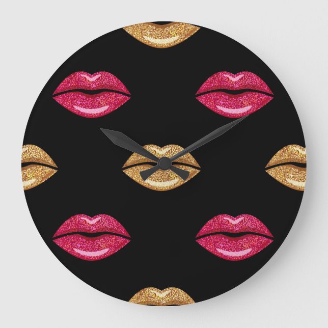 Glamorous Pink Gold: Shimmering Lipstick Pattern Large Clock (Front)