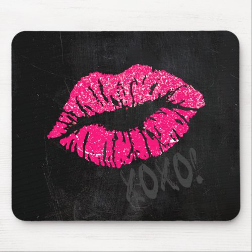 Glamorous Pink Kissy Lips with XOXO on Black Mouse Pad