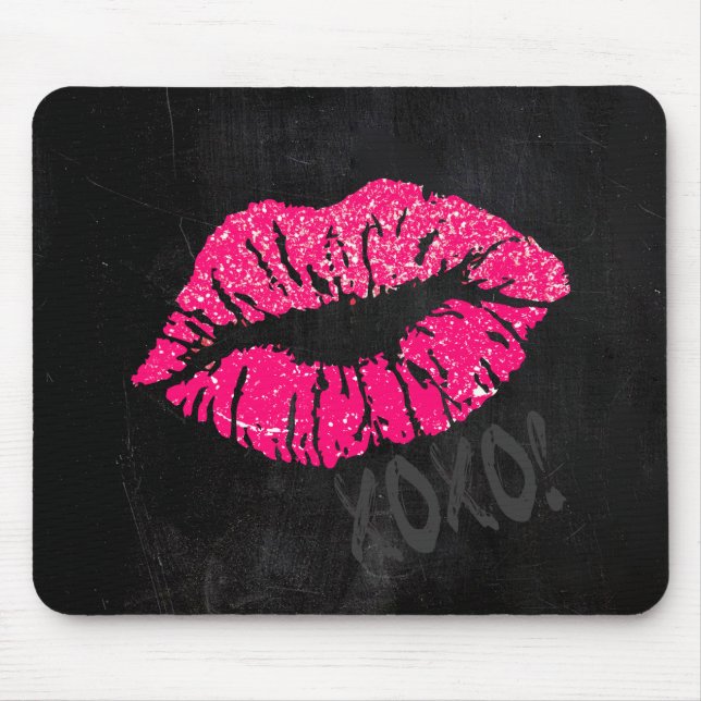 Glamorous Pink Kissy Lips with XOXO on Black Mouse Pad (Front)