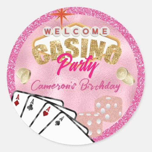 Glamorous Pink Las Vegas Sign Casino Party Classic Round Sticker