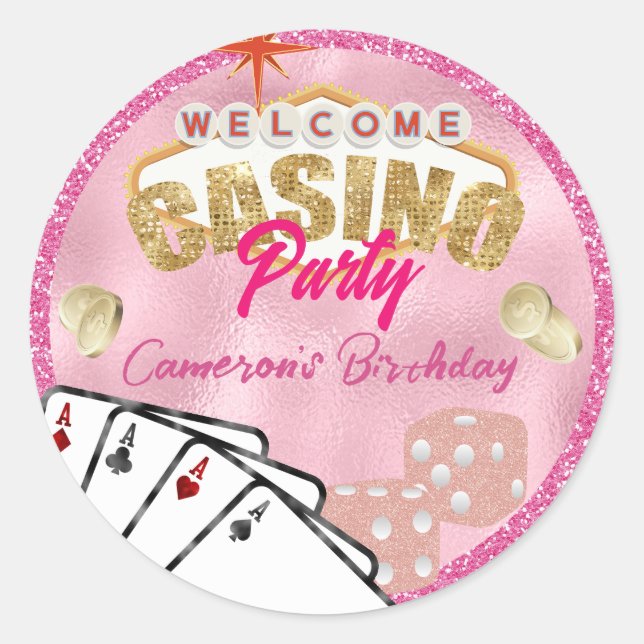 Glamorous Pink Las Vegas Sign Casino Party Classic Round Sticker (Front)