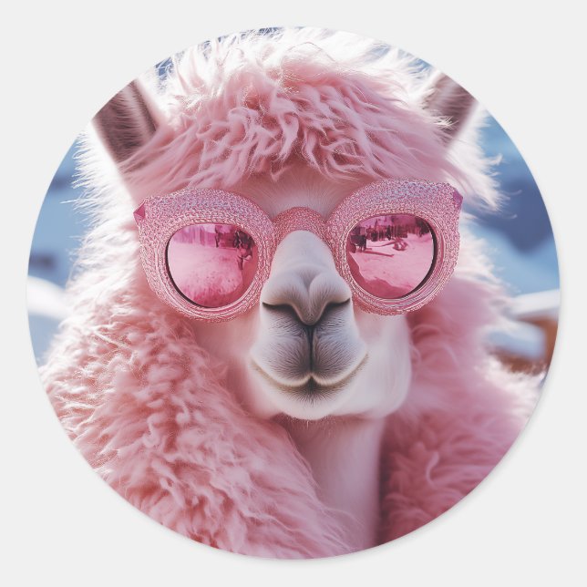 Glamorous Pink Llama - Winter Fashion Icon Classic Round Sticker (Front)