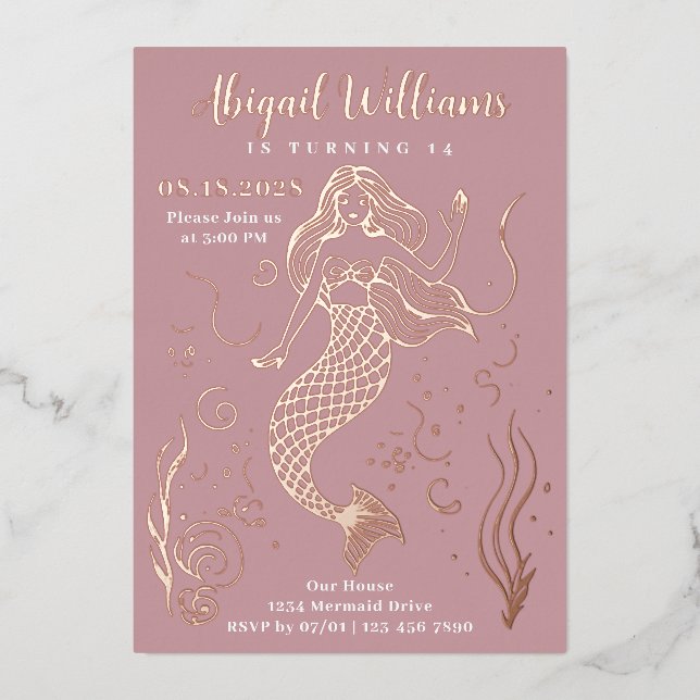 Glamorous Pink Mermaid Under the Sea Birthday Foil Invitation (Front)