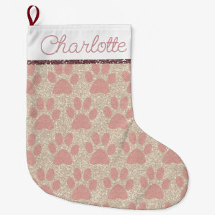 Glamorous Pink Paw Prints on White Gold Glitter Large Christmas Stocking