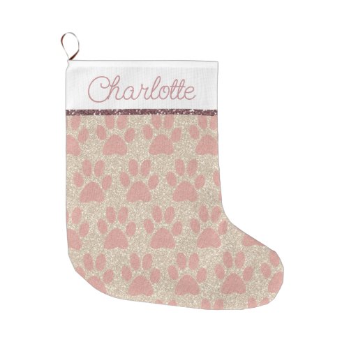 Glamorous Pink Paw Prints on White Gold Glitter Large Christmas Stocking