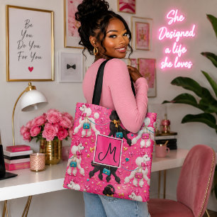 Glamorous Pink Poodle Parade Monogram Tote Bag
