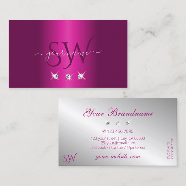 Glamorous Pink Silver Sparkling Diamonds Monogram Business Card (Front/Back)