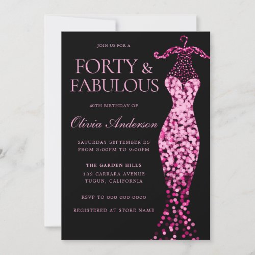 Glamorous Pink Sparkle Dress 40th Birthday Party Invitation