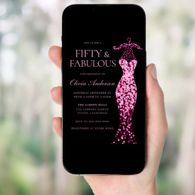 Glamorous Pink Sparkle Dress 50th Birthday Party Invitation (Front Digital)