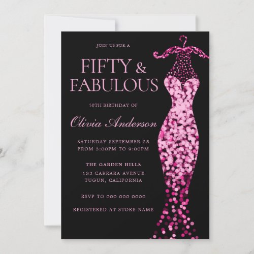 Glamorous Pink Sparkle Dress 50th Birthday Party Invitation