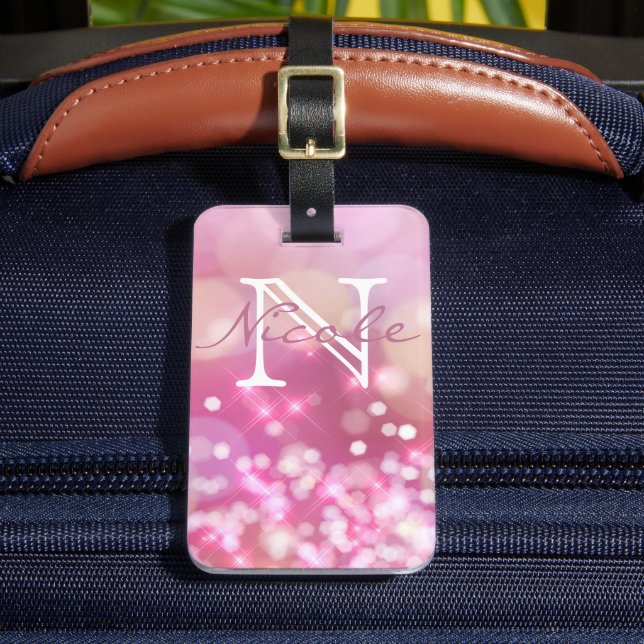 Glamorous Pink Sparkle Monogram Luggage Tag (Front Insitu 2)