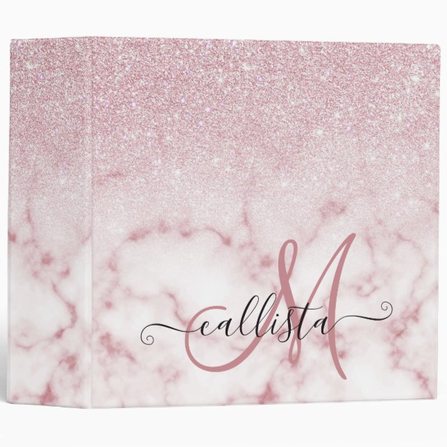 Glamorous Pink White Glitter Marble Gradient Ombre 3 Ring Binder (Front/Spine)