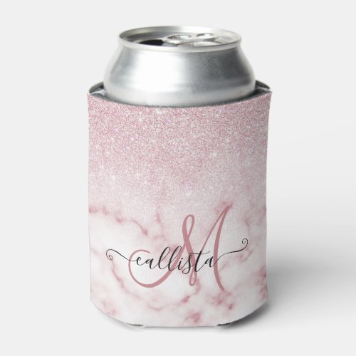 Glamorous Pink White Glitter Marble Gradient Ombre Can Cooler