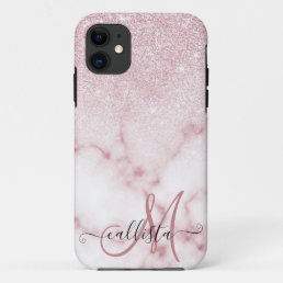 Glamorous Pink White Glitter Marble Gradient Ombre iPhone 11 Case