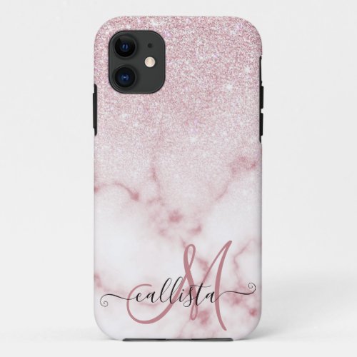 Glamorous Pink White Glitter Marble Gradient Ombre iPhone 11 Case