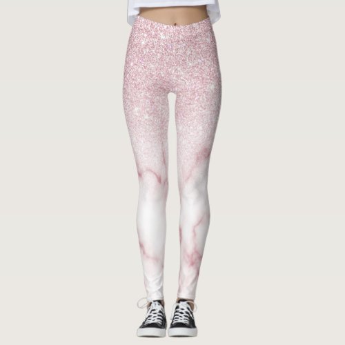 Glamorous Pink White Glitter Marble Gradient Ombre Leggings