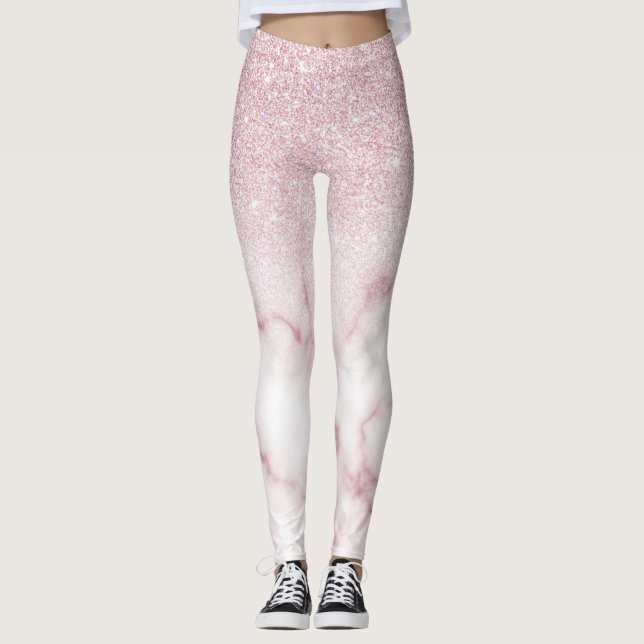 Glamorous Pink White Glitter Marble Gradient Ombre Leggings (Front)