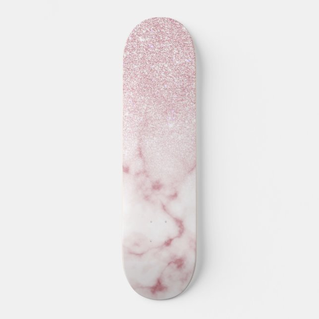 Glamorous Pink White Glitter Marble Gradient Ombre Skateboard (Front)