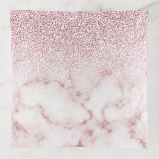 Glamorous Pink White Glitter Marble Gradient Ombre Trinket Tray (Front)