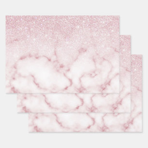 Glamorous Pink White Glitter Marble Gradient Ombre Wrapping Paper Sheets