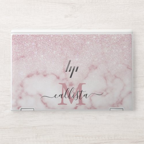 Glamorous Pink White Glitter Marble Ombre Monogram HP Laptop Skin