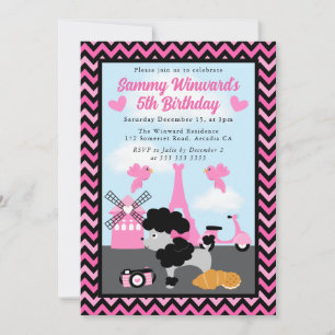 Glamorous Poodle Dog in Paris Kids Birthday Invitation