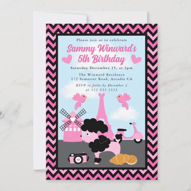 Glamorous Poodle Dog in Paris Kids Birthday  Invitation (Front)