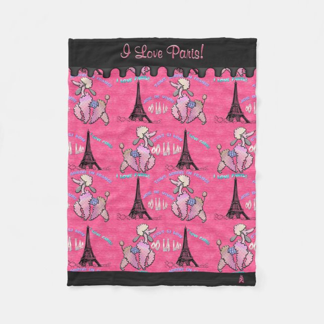 Glamorous Poodle in Paris on Pink (Personalized) Fleece Blanket (Front)