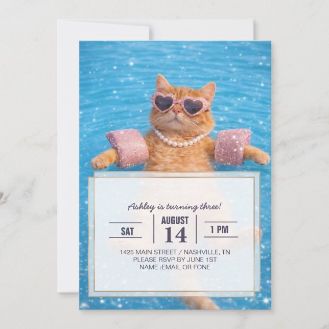    Glamorous Poolside Cat Floating In Style        Invitation (Front)