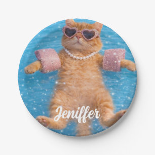 Glamorous Poolside Cat Floating In Style           Paper Plates