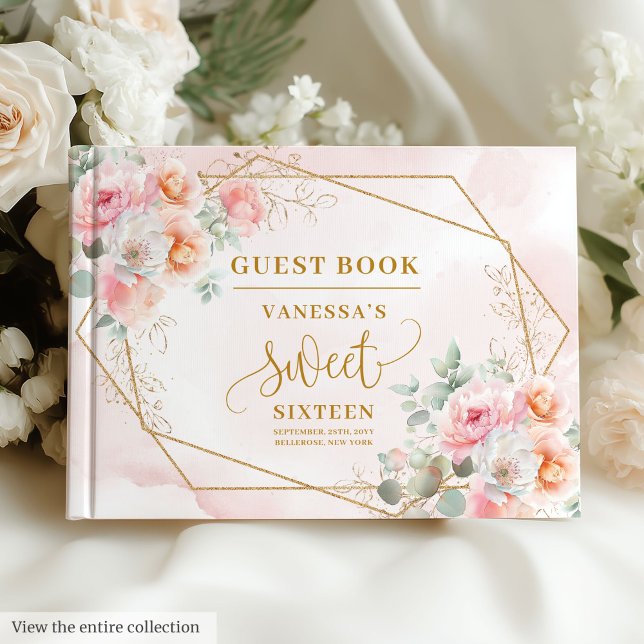 Glamorous Powder Pink Gold Flowers Sweet Sixteen Guest Book (Glamorous Powder Pink Gold Flowers Sweet 16 Guest Book)
