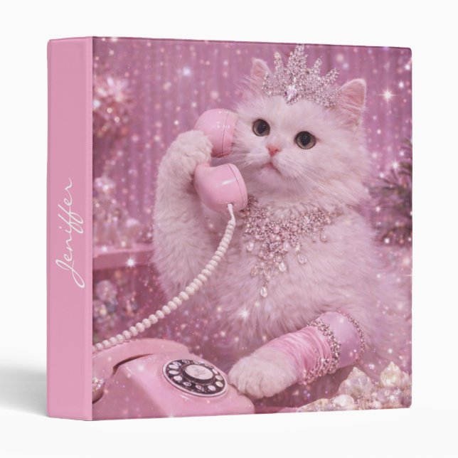 Glamorous Princess Cat Using Pink Telephone        3 Ring Binder (Front/Spine)