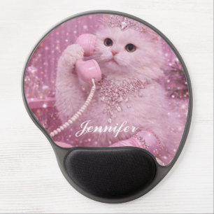 Glamorous Princess Cat Using Pink Telephone Gel Mouse Pad
