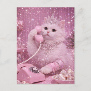 Glamorous Princess Cat Using Pink Telephone        Postcard