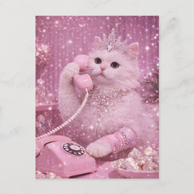 Glamorous Princess Cat Using Pink Telephone        Postcard (Front)