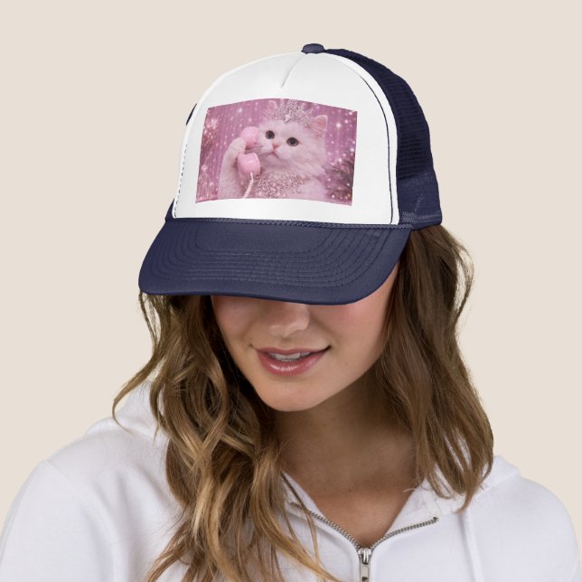 Glamorous Princess Cat Using Pink Telephone        Trucker Hat (In Situ)