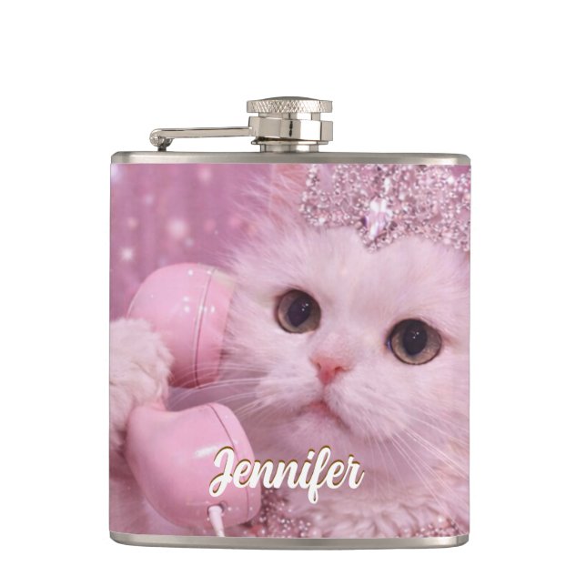 Glamorous Princess Cat Using Telephone             Flask (Front)