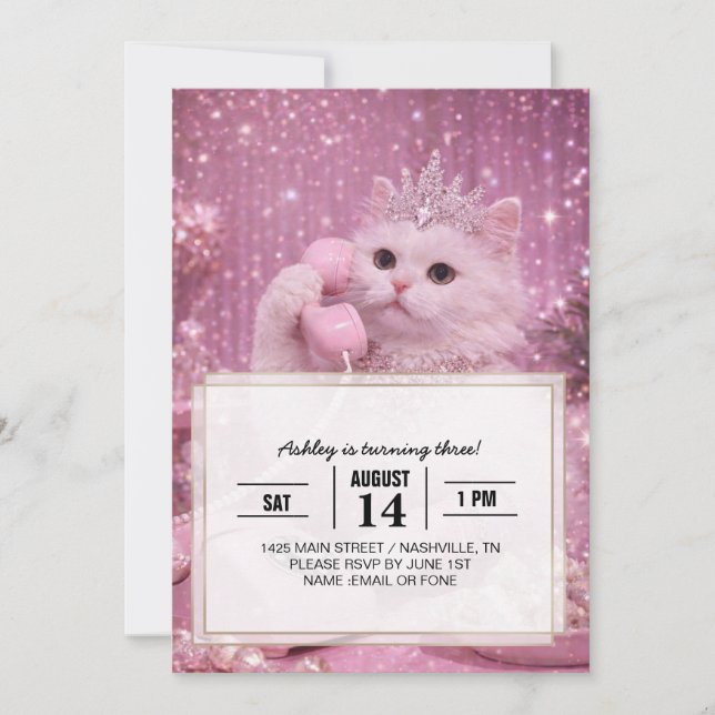 Glamorous Princess Cat Using Telephone             Invitation (Front)