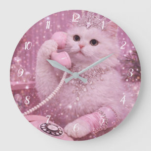 Glamorous Princess Cat Using Telephone Large Clock