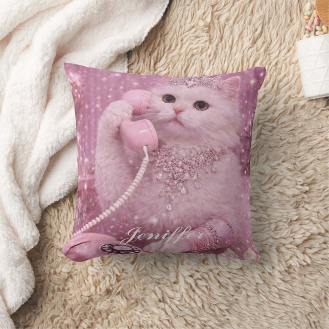Glamorous Princess Cat Using Telephone             Throw Pillow (Blanket)