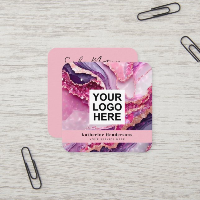 Glamorous purple agate & QR Code Logo Square Business Card (Front/Back In Situ)