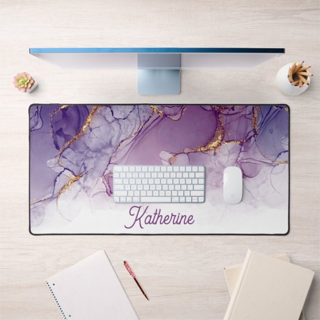 Glamorous Purple and Gold Swirls Personalized Desk Mat (Office 1)