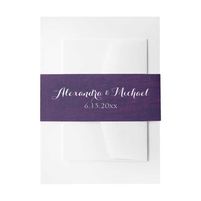 Glamorous Purple Background with White Script Invitation Belly Band (Front Example)