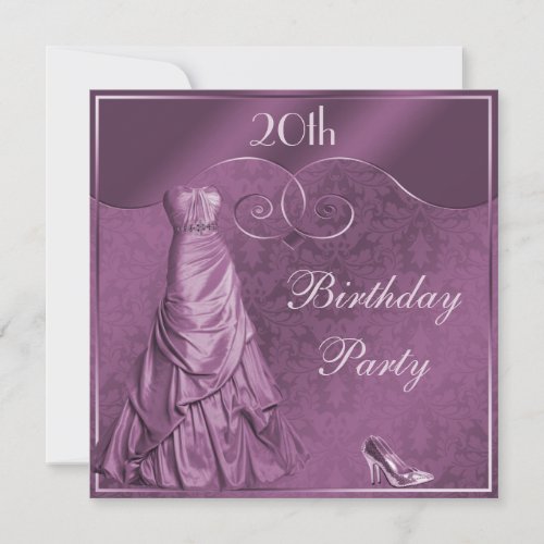 Glamorous Purple Ball Gown 20th Birthday Party Invitation