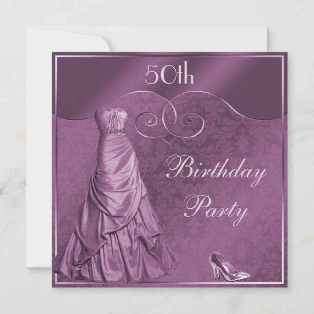 Glamorous Purple Ball Gown 50th Birthday Party Invitation (Front)