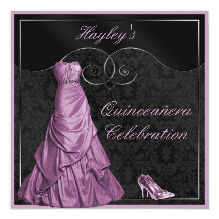 Glamorous Purple Ball Gown Black Quinceanera Personalized Invites