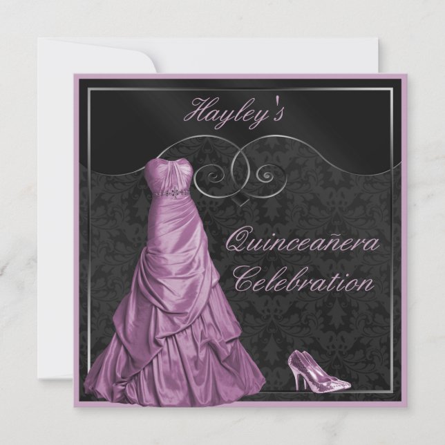 Glamorous Purple Ball Gown Black Quinceanera Invitation (Front)